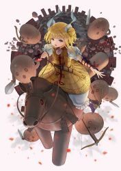 Rule 34 | 1girl, :o, armor, arrow (projectile), blonde hair, bloomers, bow (weapon), building, double bun, dress, full body, grey background, hair bun, highres, horse, joutouguu mayumi, looking at viewer, masakichi (mmw), official art, open mouth, puffy short sleeves, puffy sleeves, riding, short hair, short sleeves, simple background, skyscraper, solo, strange creators of outer world, third-party source, touhou, underwear, v-shaped eyebrows, weapon, white bloomers, yellow dress, yellow eyes