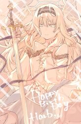 Rule 34 | 1girl, alice (alicesoft), blonde hair, colored eyelashes, dress, hairband, halo, hand on own chest, happy birthday, highres, long hair, looking at viewer, off shoulder, rance (series), ribbon, shikosour, solo, sparkle, sword, weapon, yellow theme