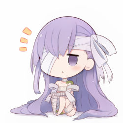 Rule 34 | 1girl, :&lt;, bandage over one eye, bandaged head, bandaged leg, bandages, bare shoulders, barefoot, beni shake, blush, chibi, commentary request, empty eyes, fate/grand order, fate (series), full body, hair between eyes, kingprotea (fate), long hair, looking at viewer, moss, notice lines, parted lips, purple eyes, purple hair, shadow, sitting, solo, triangle mouth, very long hair, white background