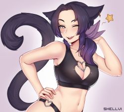 Rule 34 | 1girl, ;d, absurdres, animal ears, artist name, warrior of light (ff14), bare arms, bare shoulders, blush, breasts, cat ears, cat tail, cleavage, cleavage cutout, clothing cutout, collarbone, commentary, commission, contrapposto, crop top, final fantasy, final fantasy xiv, hair ornament, half-closed eye, hand in own hair, hand on own hip, hand up, heart belt, heart cutout, highres, jewelry, large breasts, long hair, looking at viewer, miqo&#039;te, navel, one eye closed, open mouth, purple hair, shellvi, side ponytail, smile, solo, star (symbol), tail, tail raised, upper body