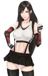 Rule 34 | 1girl, bare shoulders, black skirt, black thighhighs, breasts, cleavage, clenched hand, closed mouth, collarbone, contrapposto, cowboy shot, earrings, elbow gloves, elbow pads, final fantasy, final fantasy vii, final fantasy vii remake, fingerless gloves, gloves, hand on own hip, highres, j@ck, jewelry, large breasts, long hair, looking at viewer, low-tied long hair, microskirt, midriff, miniskirt, navel, pleated skirt, shirt, simple background, skirt, smile, solo, square enix, standing, suspender skirt, suspenders, tank top, taut clothes, taut shirt, thighhighs, thighs, tifa lockhart, very long hair, white background, zettai ryouiki