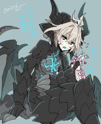 Rule 34 | 2boys, antenna hair, arm support, arms up, astolfo (fate), blue background, blue eyes, blue tongue, cape, dragon boy, dragon horns, dragon tail, fang, fate/apocrypha, fate (series), giant, giant male, grey hair, haoro, heart, horns, male focus, multiple boys, pink hair, scales, scar, sieg (fate), simple background, sitting, tail, twitter username, wings, yaoi