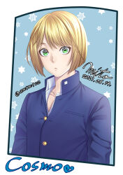 Rule 34 | 1boy, artist name, blonde hair, blue jacket, bob cut, character name, commentary request, dated, gakuran, green eyes, highres, imai cosmo, jacket, kengan (series), kengan ashura, male focus, mito amatsu, pectoral cleavage, pectorals, school uniform, signature, solo, star (symbol), starry background, twitter username