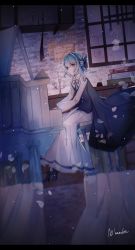 Rule 34 | 1girl, :/, absurdres, ahoge, alternate costume, artist name, ashlerita, black footwear, blue bow, blue eyes, blue hair, book, book stack, booths, bow, candlestand, cape, chinese commentary, cirno, closed mouth, collared shirt, commentary, cupboard, from below, full body, grey cape, grey ribbon, grey vest, hair bow, highres, indoors, ink bottle, instrument, letterboxed, light blush, long skirt, long sleeves, looking afar, music, neck ribbon, no wings, note, petals, piano, piano bench, playing instrument, playing piano, quill, ribbon, shirt, short hair, signature, sitting, skirt, solo, touhou, vest, white shirt, white skirt, window