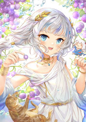 Rule 34 | 1girl, bare shoulders, blue eyes, blue hair, blue nails, bracelet, braid, cat, choker, collarbone, commentary, dress, fingernails, fins, fish tail, food, fruit, gawr gura, gawr gura (party dress), grapes, highres, hololive, hololive english, jewelry, long hair, looking at viewer, multicolored hair, nail polish, open mouth, shark tail, silver hair, streaked hair, tail, virtual youtuber, white dress, yougenko
