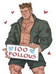 Rule 34 | 1boy, abs, animal ears, bara, bear boy, bear ears, blush, body fur, brown hair, chest hair, covering privates, covering crotch, dark-skinned male, dark skin, embarrassed, feet out of frame, heart, holding, holding sign, hydaus, jacket, large pectorals, male focus, milestone celebration, muscular, muscular male, navel, nipples, oishi (psycho-pass), open clothes, open jacket, pectoral cleavage, pectorals, psycho-pass, short hair, sideburns, sign, solo, stomach