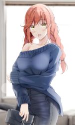 Rule 34 | 1girl, arai sakura (rc f), bag, black pants, blue sweater, blush, borrowed character, braid, breasts, brown eyes, collarbone, commission, handbag, high-waist pants, highres, holding, holding bag, keenh, large breasts, leather, leather pants, long hair, long sleeves, looking at viewer, mole, mole under mouth, off-shoulder sweater, off shoulder, original, pants, red hair, shiny clothes, sleeves past wrists, solo, sweater, tight clothes, tight pants, twin braids, window