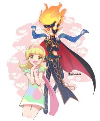 Rule 34 | 1boy, 1girl, asymmetrical clothes, blonde hair, cape, dress, duel monster, fiery hair, fire, goha yuuna, green eyes, grin, hairband, heart, heart in mouth, ochi marco, open mouth, pink hairband, pink scarf, red eyes, scarf, sevens road magician, simple background, smile, teeth, twitter username, yu-gi-oh!, yu-gi-oh! go rush!!