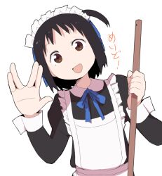 Rule 34 | 1girl, apron, arashiyama hotori, black hair, blue ribbon, broom, brown eyes, collared dress, dokan (dkn), dress, frilled apron, frills, hair ribbon, hand up, head tilt, holding, holding broom, juliet sleeves, leaning to the side, long sleeves, looking at viewer, maid, maid apron, maid headdress, neck ribbon, one side up, open mouth, puffy sleeves, raised eyebrows, ribbon, salute, short bangs, short hair, simple background, sleeve cuffs, smile, solo, soredemo machi wa mawatteiru, upper body, vulcan salute, white apron, white background