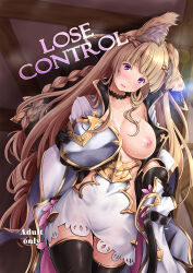 Rule 34 | 1girl, animal ear fluff, animal ears, armor, black choker, black gloves, black thighhighs, blonde hair, blush, braid, breasts, choker, comiket 92, cover, cover page, covered navel, doujin cover, dress, english text, erune, gloves, granblue fantasy, jacket, kimura neito, large breasts, long hair, looking at viewer, nipples, one breast out, pussy juice, solo, standing, thighhighs, undressing, very long hair, white dress, white jacket, yuisis (granblue fantasy)