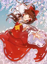 Rule 34 | 1girl, armpits, ascot, blush, bow, brown hair, cherry blossoms, detached sleeves, frilled skirt, frills, gohei, hair bow, hair tubes, hakurei reimu, japanese clothes, lazuri7, long hair, looking at viewer, miko, open mouth, petals, red bow, red ribbon, red skirt, ribbon, skirt, solo, touhou