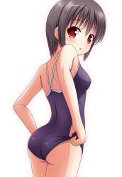 Rule 34 | 1girl, adjusting clothes, adjusting swimsuit, bad id, blush, breasts, competition school swimsuit, ki (kk-sk-ray), looking back, medium breasts, one-piece swimsuit, original, school swimsuit, short hair, simple background, solo, swimsuit, white background