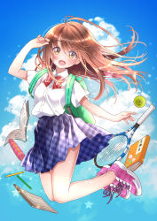 Rule 34 | 1girl, :o, backpack, bag, ball, blue background, blue skirt, book, bow, brown eyes, brown hair, full body, hand up, kawanobe, long hair, looking at viewer, no socks, original, outdoors, pencil, pencil case, plaid, plaid skirt, racket, red bow, school uniform, shirt, shoes, short sleeves, skirt, sneakers, solo, tennis ball, tennis racket, uniform, white shirt