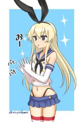 Rule 34 | 1girl, anchor hair ornament, black hairband, black neckerchief, black panties, blonde hair, blue background, blue sailor collar, blue skirt, clapping, commentary request, crop top, elbow gloves, gloves, grey eyes, hair ornament, hairband, highleg, highleg panties, highres, kantai collection, long hair, microskirt, miniskirt, neckerchief, one-hour drawing challenge, panties, pleated skirt, sailor collar, shimakaze (kancolle), skirt, solo, sparkle, striped clothes, striped thighhighs, tamakichi (tamakitty), thighhighs, twitter username, two-tone background, underwear, white gloves
