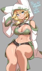 Rule 34 | 1girl, 2021, agawa ryou, bare shoulders, belt, blonde hair, blue eyes, breasts, cleavage, dated, grey background, large breasts, looking at viewer, midriff, navel, original, short hair, simple background, smile, solo, thighs