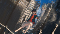 Rule 34 | 1girl, absurdres, barefoot, black eyes, black hair, blue jacket, bridge, city, cityscape, commentary, commentary request, english commentary, gears, highres, jacket, looking at viewer, open mouth, pleated skirt, reaching, reaching towards viewer, red shirt, river, rouzato, scenery, shirt, short hair, skirt, sky, solo, steampunk, vocaloid, white skirt