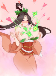 Rule 34 | 1girl, black hair, blush, bouncing breasts, breasts, breasts out, eyeshadow, forehead jewel, heart, highres, issun, japanese clothes, kimono, large breasts, makeup, materclaws, mini person, miniboy, mole, mole on breast, nipples, no mouth, obi, ookami (game), sakuya (ookami), sash, simple background, solo, upper body, wide sleeves