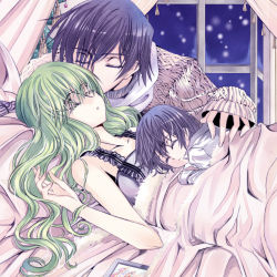 Rule 34 | 00s, 1girl, 2boys, c.c., child, closed eyes, code geass, family, father and son, good end, green hair, if they mated, kiss, lelouch vi britannia, meimi k, mother and son, multiple boys, purple hair, sleeping