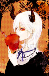 Rule 34 | 1girl, apple, blood, bow, earrings, food, fork, fruit, holding, holding food, holding fruit, horns, jewelry, necklace, open mouth, original, red eyes, sabir, skull, solo, white hair