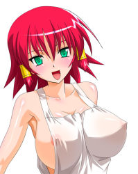Rule 34 | 1girl, :d, aflo aikawa, apron, areola slip, blush, breasts, cleavage, covered erect nipples, green eyes, large breasts, naked apron, nipples, open mouth, quiz magic academy, red hair, ruquia, see-through, short hair, sideboob, smile, solo, tongue