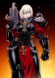 Rule 34 | .75 calibre bolt, 1girl, adepta sororitas, ammunition, anti-materiel cartridge, armor, bolt (warhammer 40k), bolt pistol, bolter, chain, commentary, embers, english commentary, fleur-de-lis, frown, gun, high-explosive cartridge, highres, holding, holding gun, holding weapon, looking to the side, pauldrons, pouch, power armor, rocket-assisted projectile, rosary, ryuusei (mark ii), scar, scar across eye, scar on face, shoulder armor, signature, skull, solo, warhammer 40k, weapon, white hair, window magazine