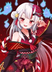 Rule 34 | 1girl, absurdres, bare shoulders, double bun, hair bun, highres, hololive, horns, looking at viewer, nakiri ayame, open mouth, red eyes, skin-covered horns, smile, solo, takochan77, virtual youtuber, white hair