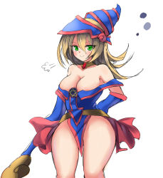 Rule 34 | 1girl, absurdres, akai ikuto, bare shoulders, blonde hair, blush stickers, breasts, choker, cleavage, collarbone, dark magician girl, duel monster, fingerless gloves, gloves, green eyes, hat, hexagram, highres, jewelry, large breasts, legs, long hair, magical girl, necklace, open mouth, pentacle, simple background, skirt, smile, solo, star (symbol), wand, white background, wide hips, wizard hat, yu-gi-oh!, yuu-gi-ou, yu-gi-oh! duel monsters