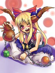 Rule 34 | 1girl, ;d, aryus, bad id, bad pixiv id, bare shoulders, blonde hair, blue skirt, bow, bowtie, chain, drunk, female focus, full body, gourd, hair bow, horn ornament, horns, ibuki suika, indian style, looking at viewer, one eye closed, oni, open mouth, red bow, red bowtie, red eyes, sitting, skirt, smile, solo, spread legs, touhou
