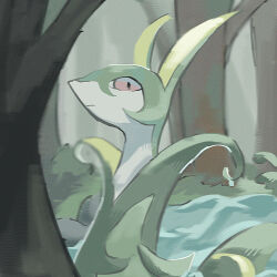 Rule 34 | animal focus, closed mouth, creatures (company), day, forest, game freak, gen 5 pokemon, highres, looking at viewer, mame (pixiv 57985908), muted color, nature, nintendo, no humans, outdoors, pokemon, pokemon (creature), red eyes, river, serperior, snake, solo, tree, water