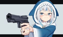 Rule 34 | 1girl, a way out, absurdres, aiming, animal hood, blue eyes, blue hoodie, crying, cyfrus, gawr gura, gawr gura (1st costume), grey background, gun, handgun, highres, holding, holding weapon, hololive, hololive english, hood, hoodie, long hair, long sleeves, meme, nail polish, pistol, signature, solo, spoilers, streaming tears, tears, upper body, virtual youtuber, wavy mouth, weapon, wide sleeves