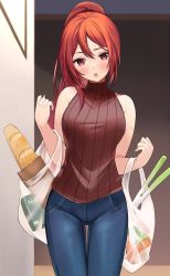 Rule 34 | 1girl, :o, bag, baguette, blue pants, blush, bread, breasts, brown sweater, carrot, denim, food, head tilt, holding, holding bag, jeans, long hair, looking at viewer, medium breasts, open mouth, original, pants, ponytail, red eyes, red hair, ribbed sweater, ry thae, shopping bag, sleeveless, sleeveless sweater, solo, standing, sweatdrop, sweater, thigh gap, vegetable