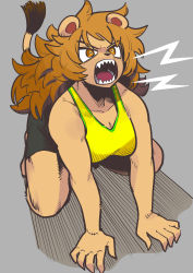 Rule 34 | 1girl, absurdres, angry, animal ears, fangs, female focus, furry, furry female, grey background, highres, kanke (kank06020602), lion ears, lion girl, lion tail, messy hair, open mouth, orange eyes, original, roaring, sharp teeth, simple background, solo, tail, teeth