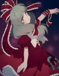 Rule 34 | 1girl, arm ribbon, arm up, bow, dress, frilled ribbon, frills, front ponytail, green eyes, green hair, hair bow, hair ribbon, head tilt, kagiyama hina, kiri futoshi, lace, lace-trimmed dress, lace trim, long hair, looking at viewer, outstretched arm, parted lips, puffy short sleeves, puffy sleeves, purple background, red bow, red dress, red ribbon, ribbon, short sleeves, solo, touhou