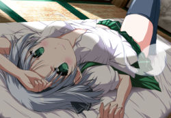 Rule 34 | 1girl, arm up, black ribbon, black thighhighs, blush, breasts, breasts apart, collarbone, day, dutch angle, fingernails, floating, futon, ghost, ghost tail, green skirt, hair ribbon, hairband, hand on forehead, hand on head, indoors, konpaku youmu, konpaku youmu (ghost), leg up, looking at viewer, lying, navel, no bra, nori tamago, on back, open clothes, open shirt, pleated skirt, puffy short sleeves, puffy sleeves, ribbon, shade, shirt, short hair, short sleeves, silver hair, skirt, smile, solo, sunlight, tatami, thighhighs, thighs, touhou, transparent, upside-down, white shirt, zettai ryouiki