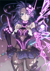 Rule 34 | 1girl, absurdres, armor, bare shoulders, breasts, cleavage, commentary request, dust, dust cloud, elbow gloves, electricity, fingernails, gloves, glowing, glowing tattoo, hair between eyes, heterochromia, highres, holding, holding sword, holding weapon, honkai (series), honkai impact 3rd, huge filesize, long hair, magatama, mask, mask on head, parted lips, partial commentary, pink eyes, purple eyes, purple gloves, purple hair, raiden mei, raiden mei (lightning empress), solo, sword, syunzou, tattoo, thigh strap, torn, torn clothes, torn legwear, weapon, wide-eyed