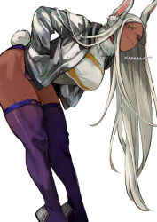 Rule 34 | 1girl, ;), animal ears, artist name, bent over, boku no hero academia, breasts, clothing cutout, crescent print, dark-skinned female, dark skin, fur collar, hands in pockets, highleg, highleg leotard, jacket, kadeart, large breasts, legs, leotard, long eyelashes, long hair, looking at viewer, mirko, one eye closed, parted bangs, purple thighhighs, rabbit ears, rabbit girl, rabbit tail, red eyes, smile, solo, tail, tail through clothes, taut leotard, thick thighs, thighhighs, thighs, toned, very long hair, white background, white hair, white jacket, white leotard