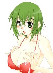 Rule 34 | 10s, 1girl, bikini, bikini top only, blush, breasts squeezed together, breasts, cum, cum on body, cum on breasts, cum on upper body, facial, glasses, green eyes, green hair, infinite stratos, k.m.station, large breasts, lingerie, matching hair/eyes, pinky out, short hair, solo, swimsuit, underwear, yamada maya (infinite stratos)