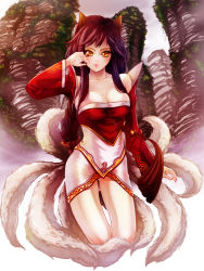 Rule 34 | 1girl, ahri (league of legends), animal ears, black hair, breasts, bush, cleavage, collarbone, cropped legs, dress, facial mark, fox ears, fox tail, ivy, leaf, league of legends, lips, looking at viewer, mountain, multiple tails, plant, red dress, rock, smile, standing, strapless, strapless dress, tail, waterring, whisker markings, yellow eyes