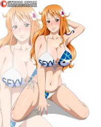 Rule 34 | 1girl, absurdres, bikini, breasts, brown eyes, cleavage, highres, huge breasts, large breasts, long hair, looking at viewer, nami (one piece), navel, one piece, orange hair, smile, solo, standing, studio oppai, swimsuit, tongue, tongue out, wet