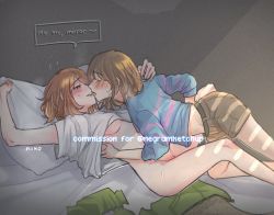 Rule 34 | 2girls, bed, bottomless, breasts, brown hair, chara (undertale), female frisk (undertale), frisk (undertale), imminent kiss, multiple girls, nikomochi, on bed, red eyes, sexually suggestive, short hair, shorts, tagme, underboob, undertale, undressing, undressing another, yuri