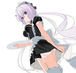 Rule 34 | 1girl, absurdres, ahoge, alternate costume, apron, ass, breasts, enmaided, from below, garter straps, hair between eyes, highres, large breasts, long hair, maid, maid apron, maid headdress, nyanmaru, purple eyes, senki zesshou symphogear, silver hair, skindentation, skirt grab, solo, thighhighs, thighs, tray, very long hair, white background, white thighhighs, yukine chris