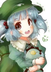 Rule 34 | 1girl, artist name, backpack, bad id, bad twitter id, bag, beak, black ribbon, blue eyes, blue hair, blunt bangs, dated, eyebrows, frilled shirt collar, frills, hair bobbles, hair ornament, hat, heart, holding, juliet sleeves, kappa, kawashiro nitori, long sleeves, looking at viewer, matching hair/eyes, open mouth, puffy sleeves, ribbon, round teeth, shirt, short hair, signature, simple background, smile, solo, teeth, tikano, touhou, two side up, upper body, white background
