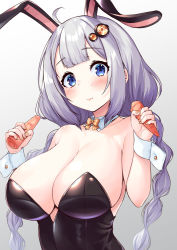 Rule 34 | 1girl, :t, ahoge, animal ears, bare arms, bare shoulders, black leotard, blue eyes, blunt bangs, blush, bow, bowtie, braid, breasts, carrot, cleavage, closed mouth, commentary, detached collar, eating, fake animal ears, food, gradient background, grey background, hair ornament, highres, holding, holding food, kizuna akari, large breasts, leotard, long hair, looking at viewer, nail polish, orange bow, orange bowtie, orange nails, pentagram, playboy bunny, rabbit ears, silver hair, solo, strapless, strapless leotard, tenneko yuuri, twin braids, upper body, vocaloid, voiceroid, wrist cuffs