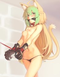 Rule 34 | absurdres, ahoge, animal ears, atalanta (fate), bdsm, blonde hair, blush, bondage, bound, bound wrists, braid, breasts, cat ears, cat tail, collar, fate/apocrypha, fate (series), frown, gag, gagged, gauntlets, green hair, highres, kaddo, leash, looking at viewer, micro panties, multicolored hair, no bra, no pants, painttool sai (medium), panties, restrained, signature, slave, small breasts, tail, topless, two-tone hair, underwear