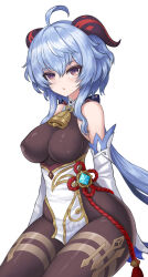 Rule 34 | 1girl, ahoge, bare shoulders, bell, black pantyhose, blue hair, blush, bow, breasts, chinese knot, covered erect nipples, detached sleeves, flower knot, ganyu (genshin impact), genshin impact, gold trim, highres, horns, large breasts, long hair, looking at viewer, low ponytail, neck bell, pantyhose, poorgom, purple eyes, sidelocks, sitting, solo, tassel, thighlet, thighs, vision (genshin impact), white background, white sleeves, wide hips