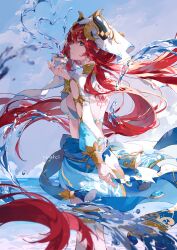 Rule 34 | 1girl, back tattoo, bracer, breasts, fake horns, feet out of frame, genshin impact, heart, highres, horns, hydrokinesis, long hair, long sleeves, looking at viewer, medium breasts, nilou (genshin impact), puffy long sleeves, puffy sleeves, red hair, skirt, smile, solo, tattoo, twintails, veil, water, white headwear, yeurei