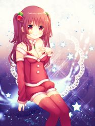 Rule 34 | 1girl, artist name, azu torako, blush, bra, breasts, brown hair, christmas, cleavage, closed mouth, dated, frilled bra, frills, hand on own chest, invisible chair, long hair, looking at viewer, medium breasts, original, puffy shorts, red bra, red eyes, red thighhighs, shorts, signature, sitting, smile, solo, star (symbol), starry background, thighhighs, two side up, underwear