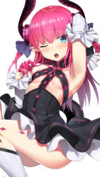 Rule 34 | 10s, 1girl, armpits, bad id, bad pixiv id, blue eyes, blush, boots, breasts, detached sleeves, elizabeth bathory (fate), elizabeth bathory (fate/extra ccc), elizabeth bathory (first ascension) (fate), fate/extra, fate/extra ccc, fate (series), high heel boots, high heels, highres, horns, long hair, omochi no kimochi, one eye closed, pink hair, pointy ears, small breasts, solo, underboob, wallpaper