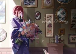 Rule 34 | 1boy, black gloves, blue flower, blue rose, bouquet, ensemble stars!, facing to the side, finger to mouth, flower, gloves, hanapen, harukawa sora, highres, holding, holding bouquet, long sleeves, looking at viewer, male focus, multicolored hair, pink flower, pink rose, purple flower, purple rose, purple vest, red hair, rose, sakasaki natsume, shirt, short hair, shushing, solo, vest, white flower, white hair, white rose, white shirt, yellow eyes