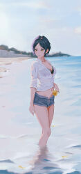 Rule 34 | 1girl, absurdres, bare legs, beach, black bra, blue hair, bra, bra visible through clothes, breasts, cleavage, collarbone, dark blue hair, denim, denim shorts, flower, hayami kanade, highres, holding, holding flower, idolmaster, idolmaster cinderella girls, looking to the side, medium breasts, navel, open fly, outdoors, parted bangs, partially unbuttoned, qingli ye, refraction, shirt, short hair, shorts, smile, solo, stomach, underwear, wading, white shirt